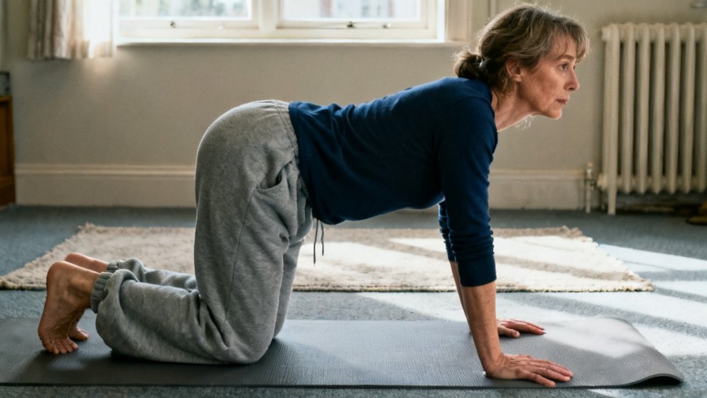 Older woman performing a cat-cow stretch on a mat at home