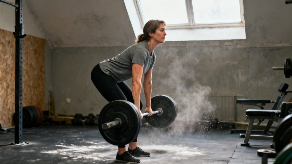 Woman deadlifting a barbell in a home gym
