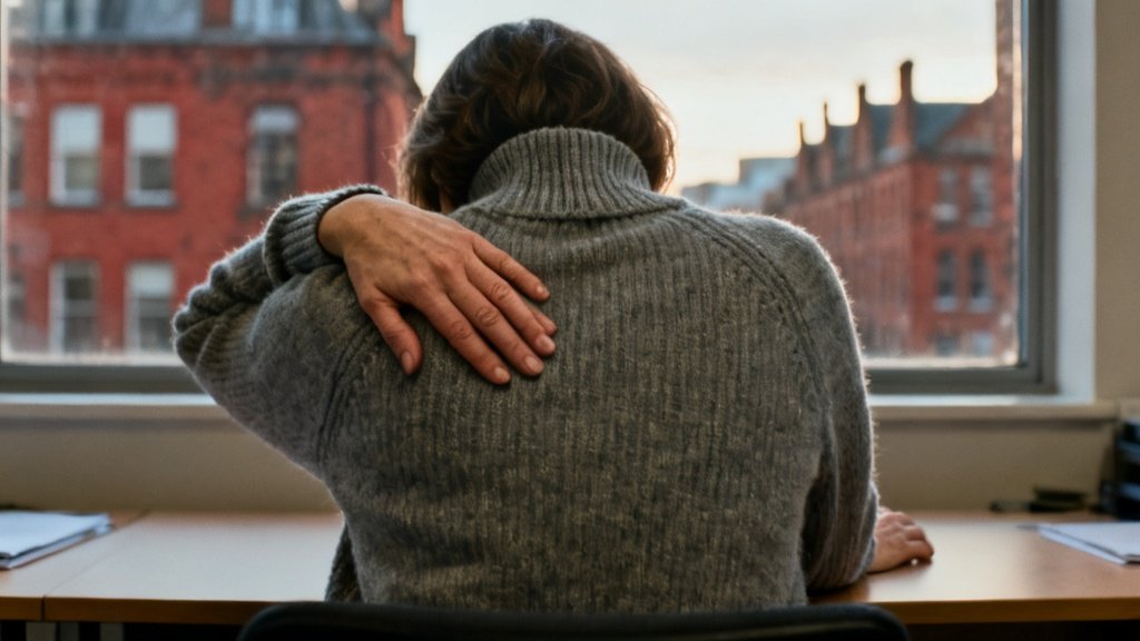 Person at a desk reaching over their shoulder to hold their mid back