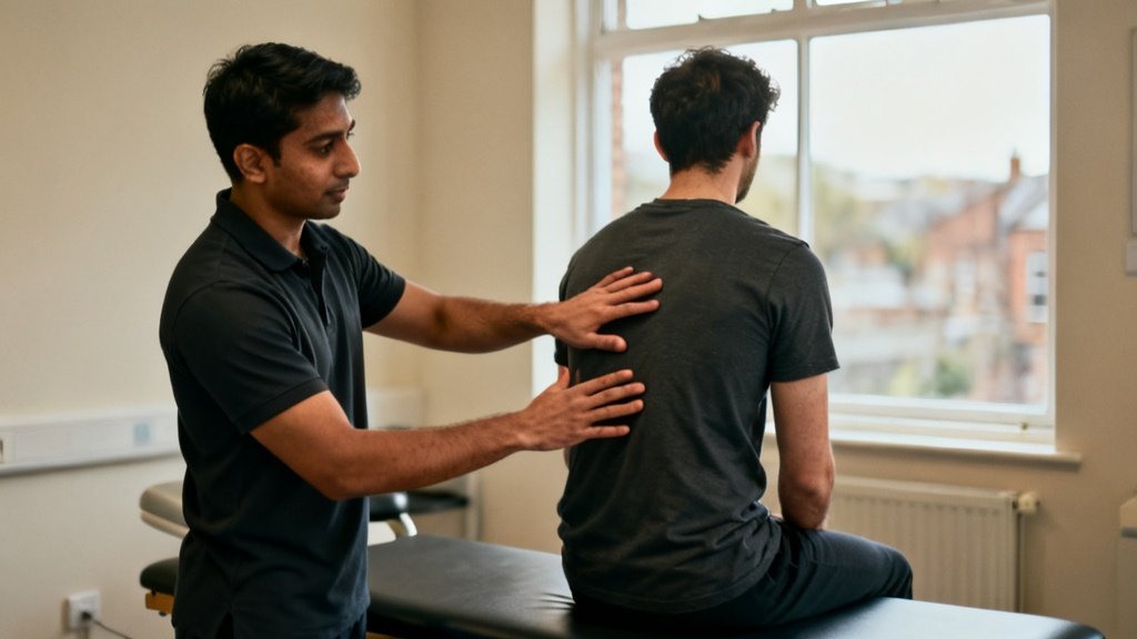 A physiotherapist assessing a seated man's shoulders and upper back in a clinic room.
