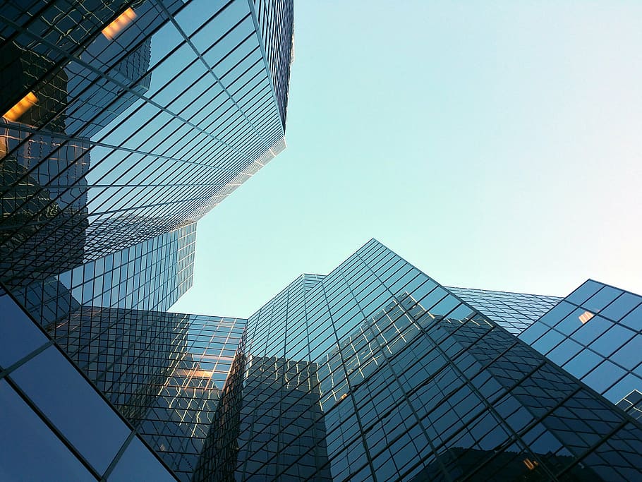 Glass office towers photographed from street level against a clear sky.