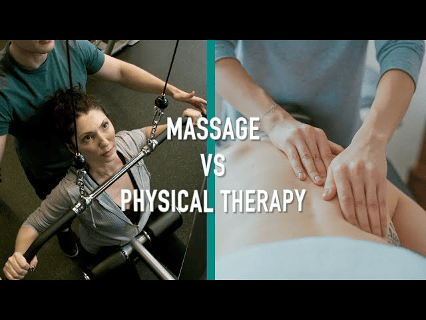 Graphic titled Massage vs Physical Therapy comparing a gym exercise with a back massage