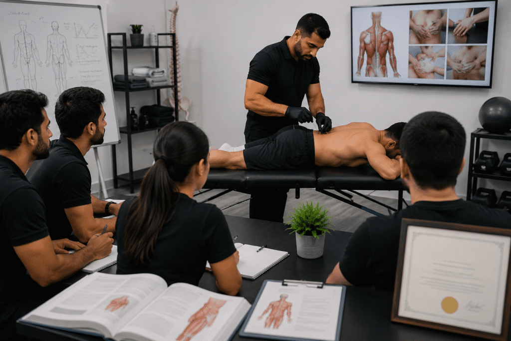 Five students in black polo shirts taking notes at a table while an instructor needles the lower back of a model lying face down on a couch, an anatomy screen on the wall behind.