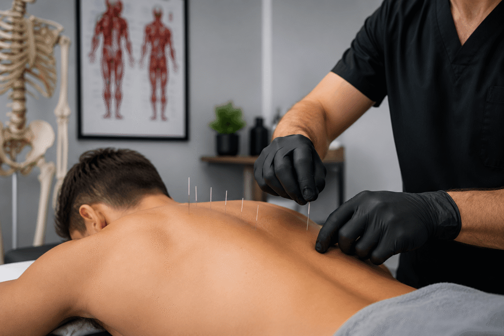 A gloved clinician in black scrubs placing a row of fine needles down the mid-back of a man lying face down, with a skeleton model and a muscle-anatomy chart behind.