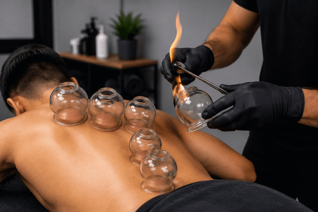A gloved clinician holding a flame to a glass cup with forceps, beside five cups already set along the back of a man lying face down on a couch.