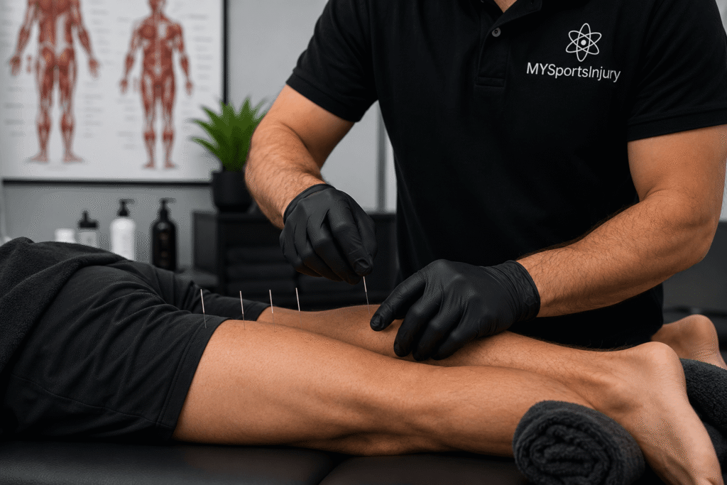 A gloved clinician in a black MY Sports Injury polo shirt placing fine needles along the calf of a client lying on a treatment couch, a muscle-anatomy chart on the wall behind.