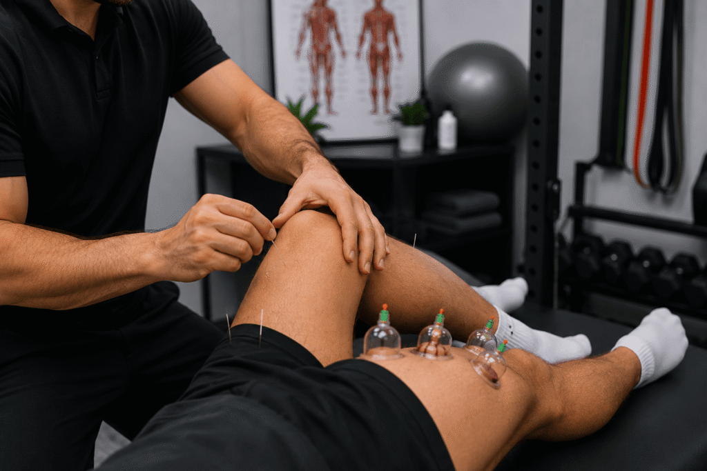 A clinician in a black polo shirt placing a needle at the knee of a client lying face up in a gym, four suction cups already set along the thigh.